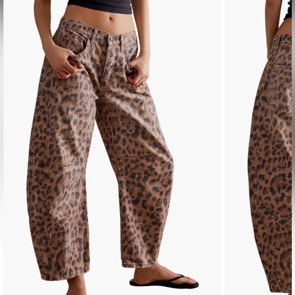 We The Free Good Luck Leopard Barrel Leg Jeans in Brown Sugar